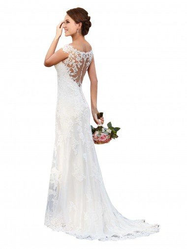 Cheapest Illusion Bateau Neckline Fit and Flare Lace Wedding Dress UK