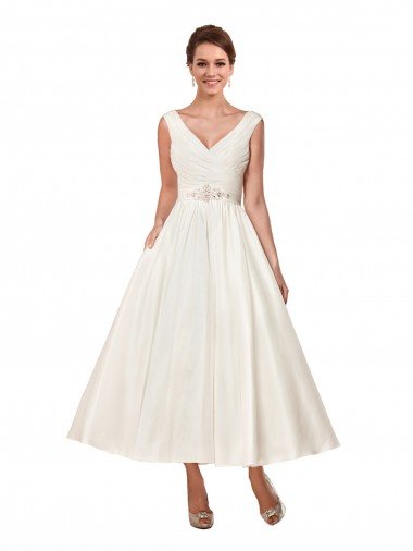 Cheapest V-Neck A-Line Short Ankle Length Satin Wedding Dress UK