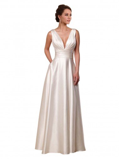 Cheapest Deep V-Neck A-Line Satin Wedding Dress with Pockets UK