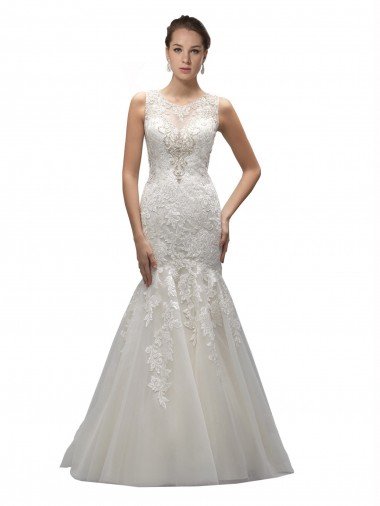 Cheapest Illusion High Neck Mermaid Lace Wedding Dress UK