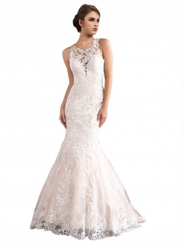 Cheapest Illusion Neck Fit and Flare Tulle Wedding Dress with All Over Lace UK