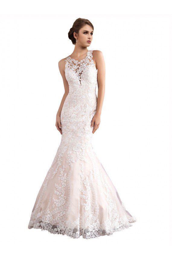 Cheapest Illusion Neck Fit and Flare Tulle Wedding Dress with All Over Lace UK