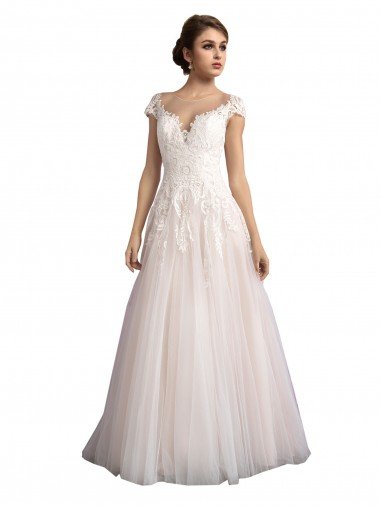 Cheapest Illusion Cap Sleeves A-Line Tulle Beach Wedding Dress with Lace Bodice UK