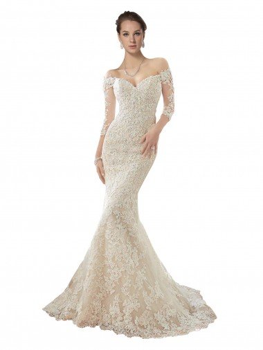 Cheapest Long Sleeves Off the Shoulder Trumpet Lace Wedding Dress UK