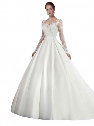 Cheapest Long Sleeves Illusion Neck A-Line Satin Wedding Dress with Lace Bodice UK