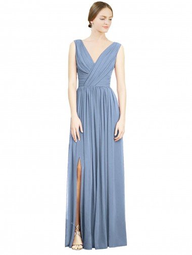 Cheapest Sleeveless Draped Chiffon Maxi Bridesmaid Dress with Front Slit UK