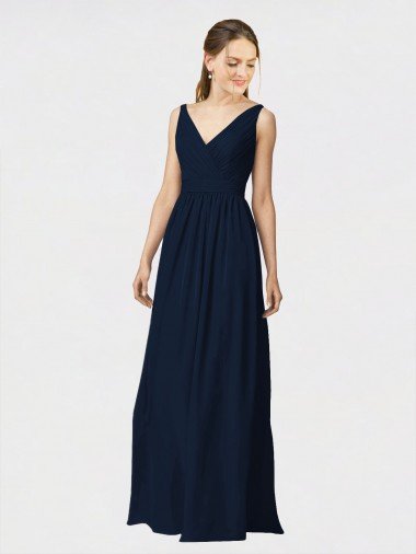 Cheapest Long Chiffon Bridesmaid Dress with Shirred Bodice and V-Neckline UK