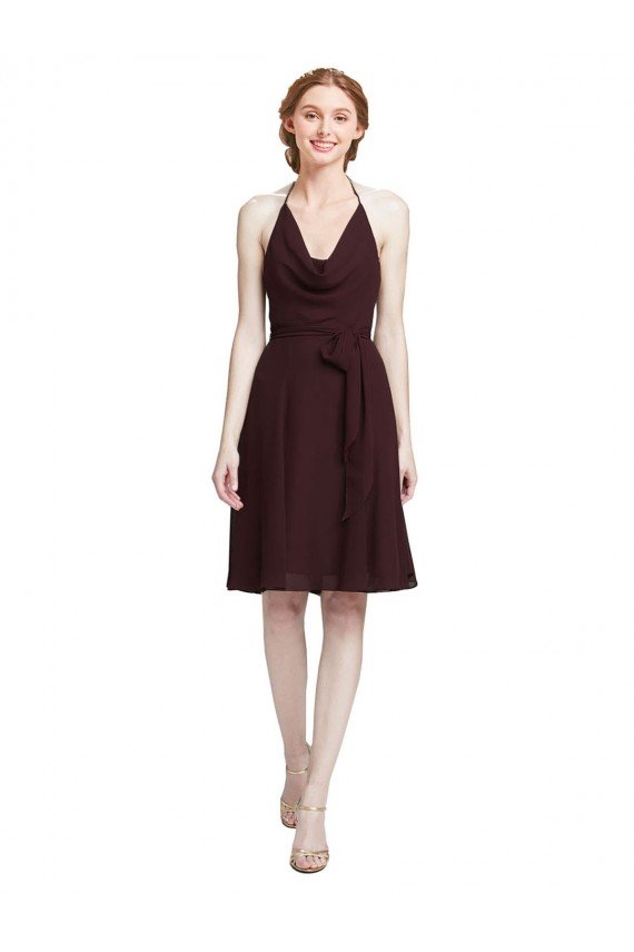 Cheapest Short Knee Length Chiffon Bridesmaids Dress with Halter Cowl Neck UK