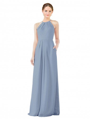 Cheapest Fitted Long High Halter Neck Chiffon Bridesmaid Dress with Keyhole Back UK