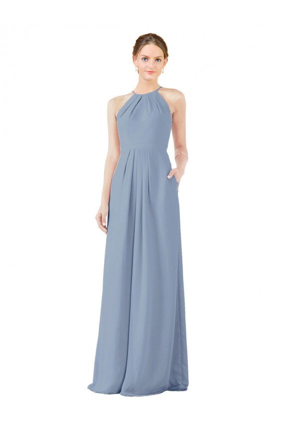 Cheapest Fitted Long High Halter Neck Chiffon Bridesmaid Dress with Keyhole Back UK