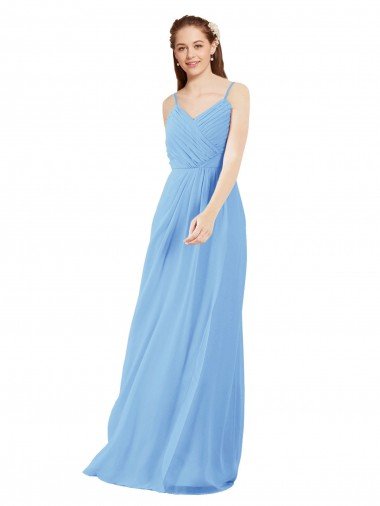 Cheapest Pleated Low Back Long V-Neck Chiffon Bridesmaid Dress with Thin Straps UK