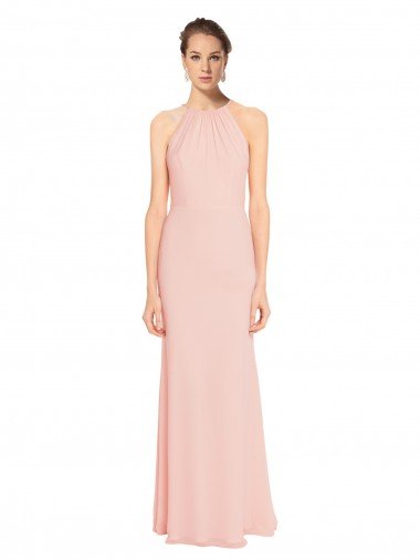 Cheapest High Neck Long Chiffon Halter Bridesmaid Dress with Drape Chiffon Overlay UK