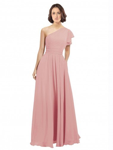 Cheapest Chiffon Bridesmaids Dress with One Shoulder Flounced Sleeve UK