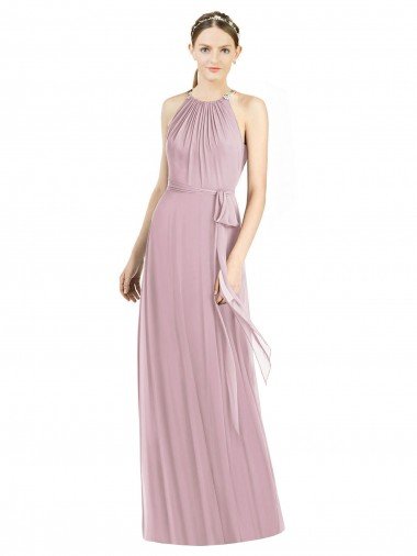 Cheapest Shirred Halter Neck Long Chiffon Bridesmaid Dress UK