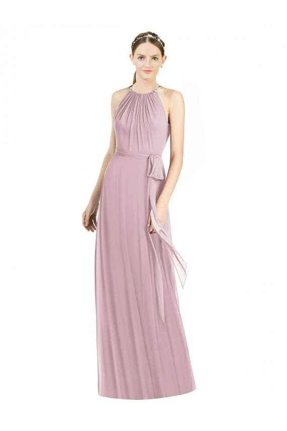 Cheapest Shirred Halter Neck Long Chiffon Bridesmaid Dress UK