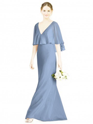 Cheapest V-Back Trumpet Chiffon Bridesmaid Dress with Draped Cape Overlay UK