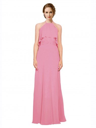 Cheapest Ruffle Halter Neck A-Line Chiffon Bridesmaid Dress with Open Back UK