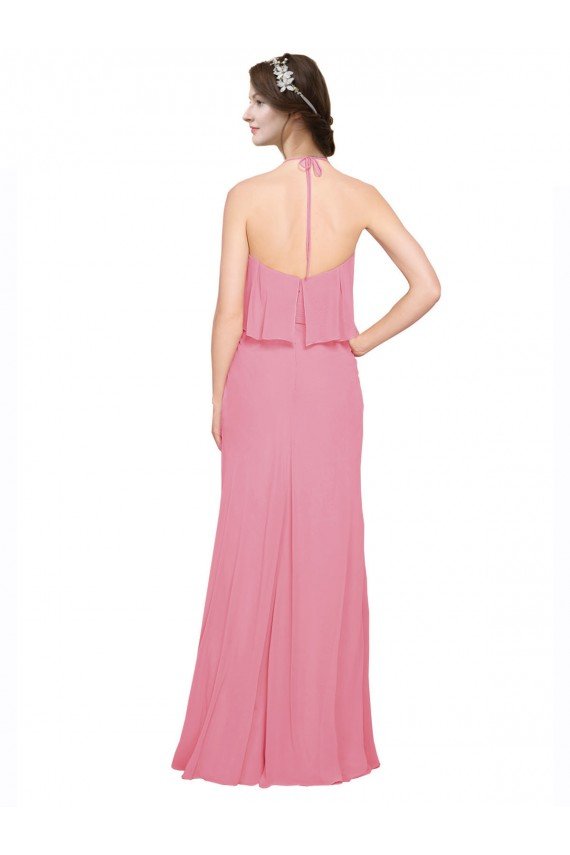 Cheapest Ruffle Halter Neck A-Line Chiffon Bridesmaid Dress with Open Back UK