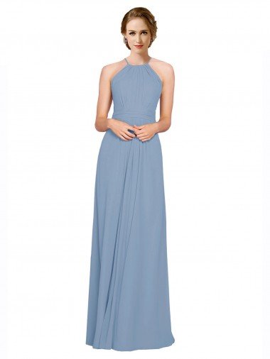 Cheapest Pleated Halter Neckline A-Line Chiffon Bridesmaid with Criss Cross Back UK