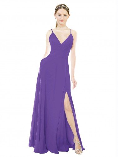 Cheapest Long Chiffon A-Line Bridesmaid Dress with Deep V-Neckline and Side Slit UK