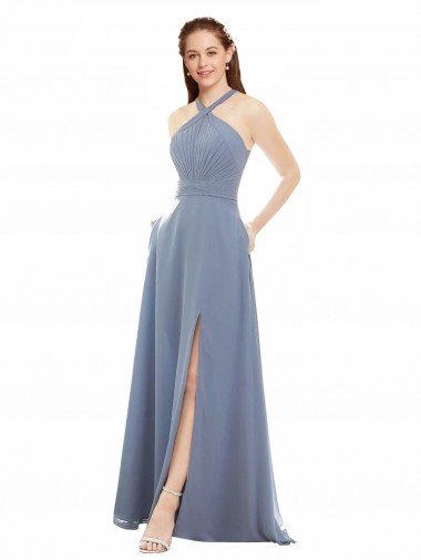 Cheapest High Neck Chiffon Bridesmaid Dress with Draped Bodice UK