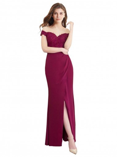 Cheapest Off the Shoulder Chiffon Bridesmaid Dress with Lace Appliques and Front Slit UK