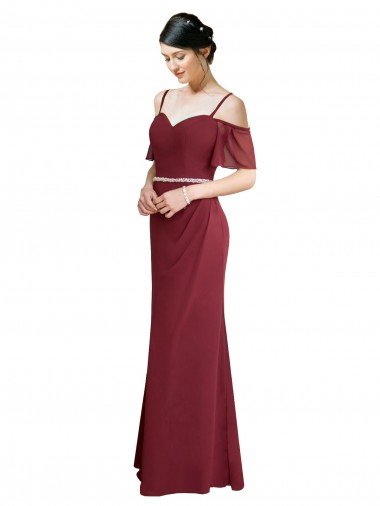 Cheapest Draped Cold Shoulder Long Chiffon Bridesmaid Dress with Spaghetti Straps UK