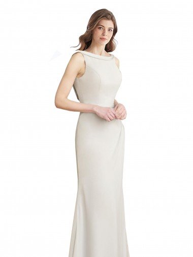 Cheapest Long Chiffon Bridesmaid Dress with Boat Neckline and Satin Collar UK