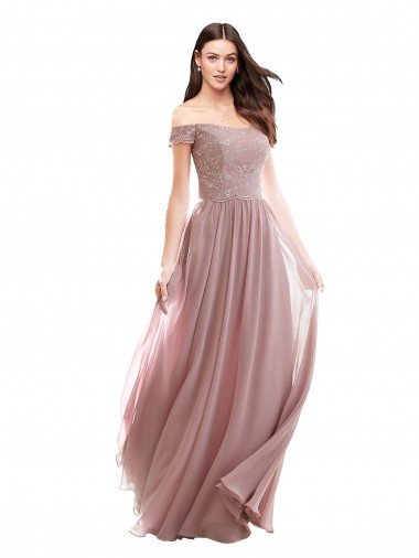 Cheapest Floor Length Chantilly Lace Off the Shoulder Chiffon Bridesmaid Dress UK