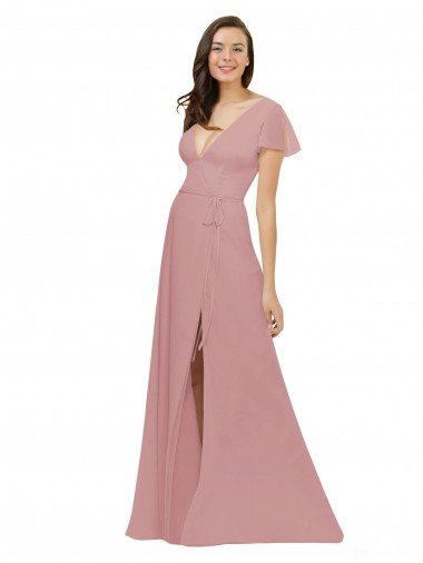 Cheapest Flutter Sleeves Short Chiffon Bridesmaid Dress with Tie Belt UK