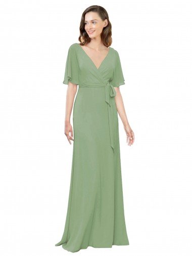 Cheapest Chiffon V-Neckline Wrap Bridesmaids Dress With Double Flutter Sleeve UK