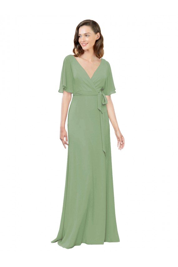 Cheapest Chiffon V-Neckline Wrap Bridesmaids Dress With Double Flutter Sleeve UK