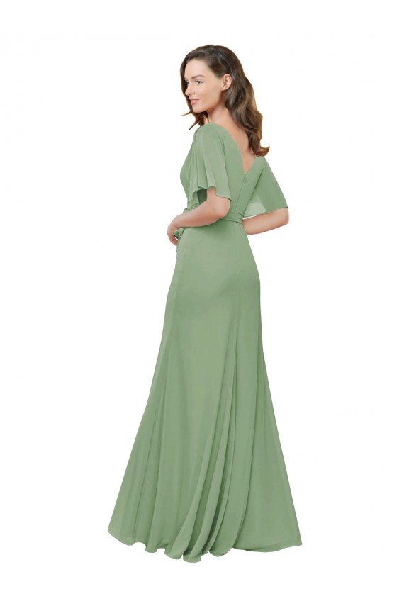 Cheapest Chiffon V-Neckline Wrap Bridesmaids Dress With Double Flutter Sleeve UK