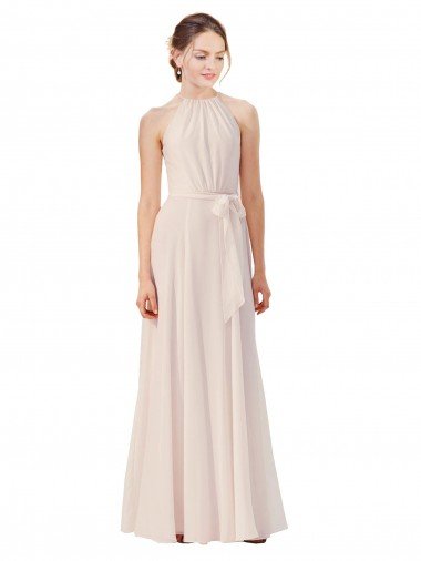 Cheapest Tie Neck Long Chiffon A-Line Bridesmaid Dress with Sheer Back UK