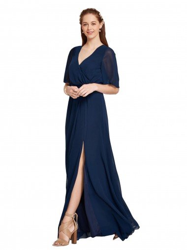 Cheapest V-Neck Plush Chiffon Bridesmaid Dress with Flutter Sleeves UK