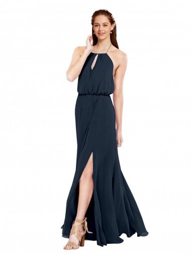 Cheapest Grecian Style Halter Chiffon Bridesmaid Dress with Keyhole and Slit UK