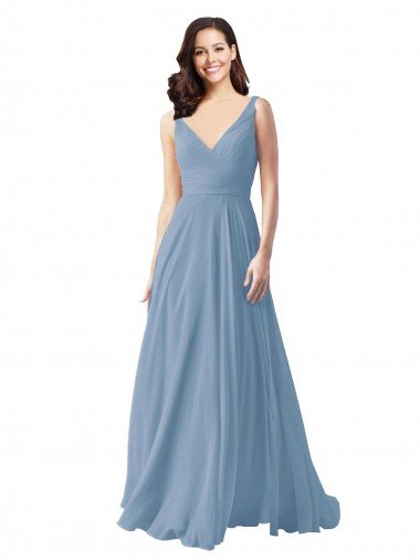 Cheapest Long Chiffon V-Neck and Self Sash Bridesmaid Dress with Shirred Criss Cross Bodice UK