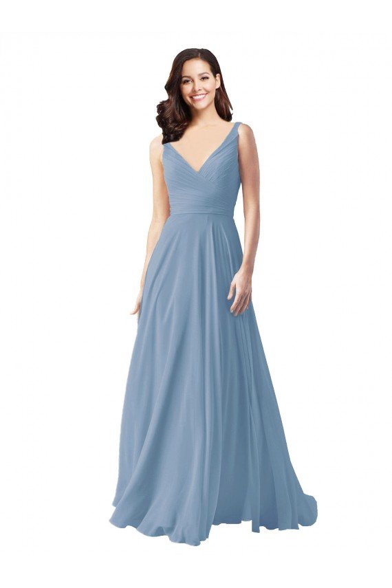 Cheapest Long Chiffon V-Neck and Self Sash Bridesmaid Dress with Shirred Criss Cross Bodice UK