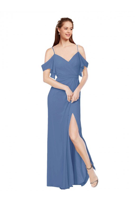 Cheapest Mock-Wrap Off the Shoulder Long Chiffon Bridesmaid Dress with Side Slit UK