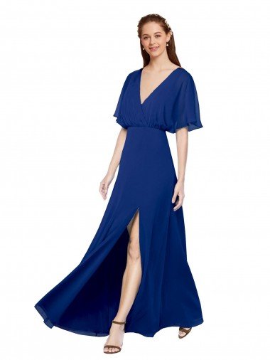 Cheapest V-Neck Long Chiffon Bridesmaid Dress with Dolman Sleeved Bodice and Slit UK