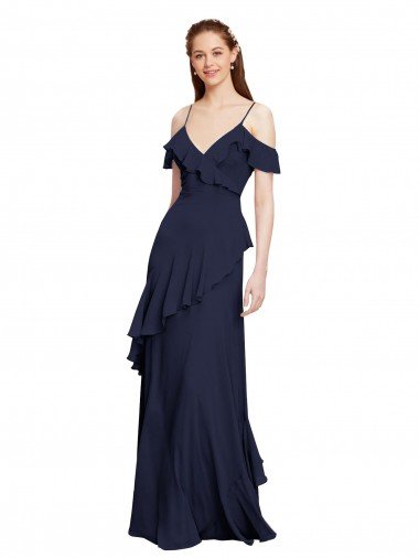 Cheapest Cascading Ruffles Long Chiffon Bridesmaid Dress with Cold Shoulder UK