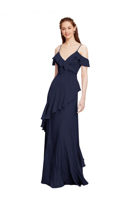 Cheapest Cascading Ruffles Long Chiffon Bridesmaid Dress with Cold Shoulder UK