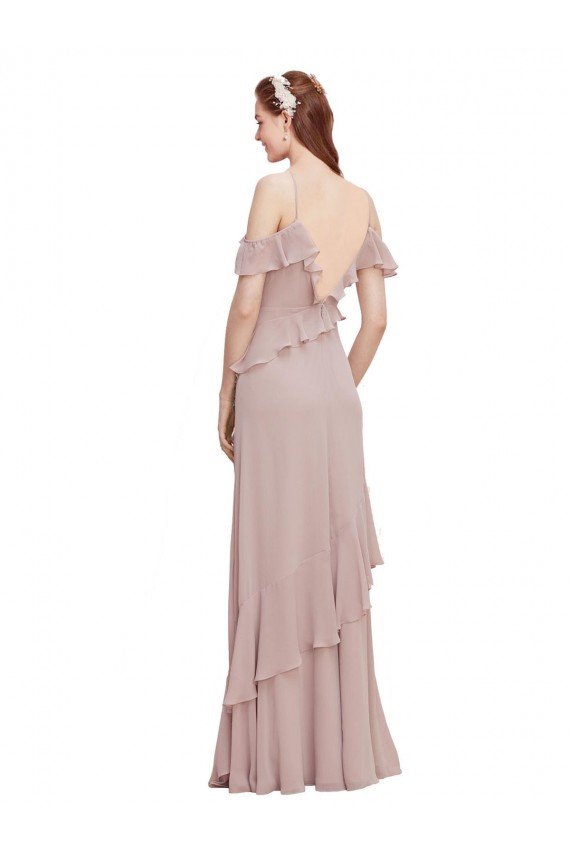 Cheapest Cascading Ruffles Long Chiffon Bridesmaid Dress with Cold Shoulder UK