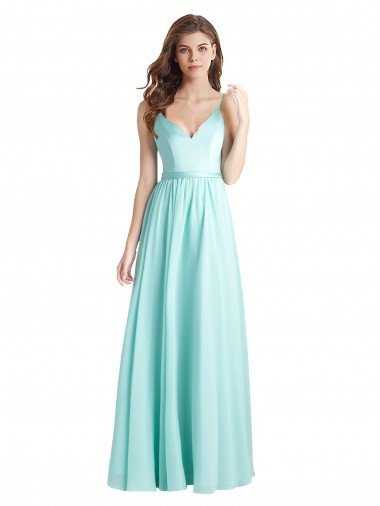 Cheapest Long V-Neck Chiffon Bridesmaid Dress with Satin Bodice UK