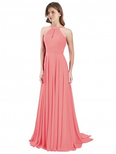 Cheapest Draped A-Line Chiffon Bridesmaid Dress with Halter Keyhole Neckline UK