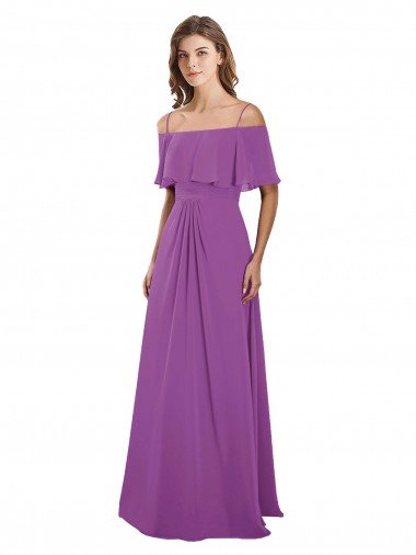 Cheapest Draped Off The Shoulder Chiffon Bridesmaid Dress with Spaghetti Straps and Ruffled Neckline UK