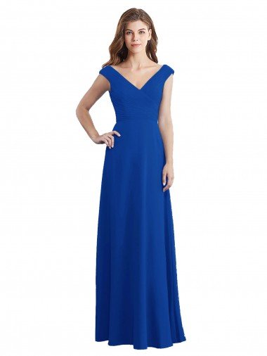 Cheapest Draped Shoulder V-Neck Long Chiffon Bridesmaid Dress UK