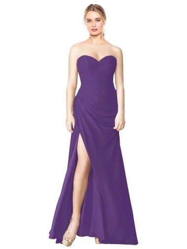 Cheapest Strapless Chiffon Bridesmaid Dress with Pleated Wrap Bodice and Side Slit UK