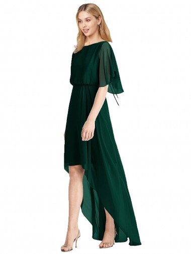 Cheapest Plunging V Back Flutter Sleeves Cocktail Length Chiffon Bridesmaid Dress UK