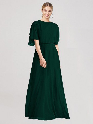 Cheapest Full-Length Flutter Sleeves Plunging V Back Chiffon Bridesmaid Dress UK